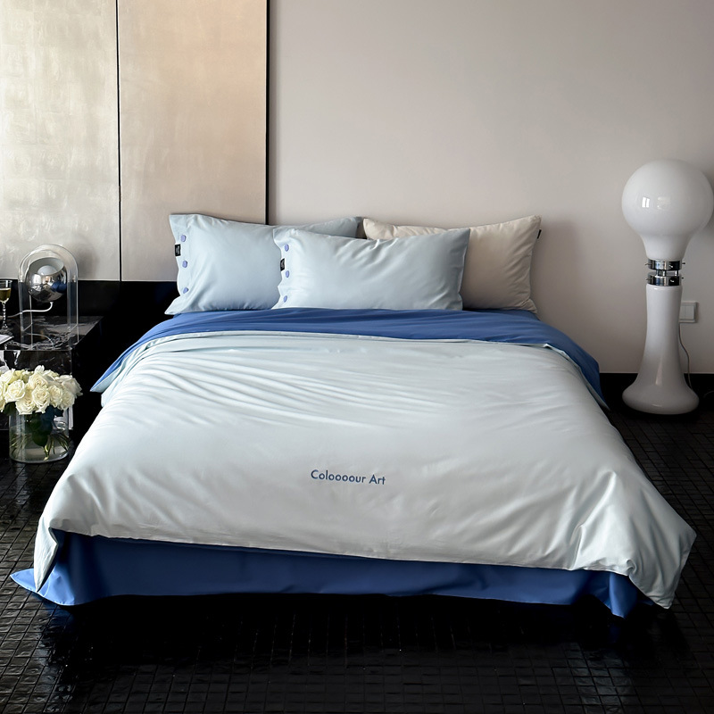Simple, light luxury and fashionable solid-color long-staple cotton four-piece set, pure cotton letter-embroidered duvet cover, double bedding pic 105