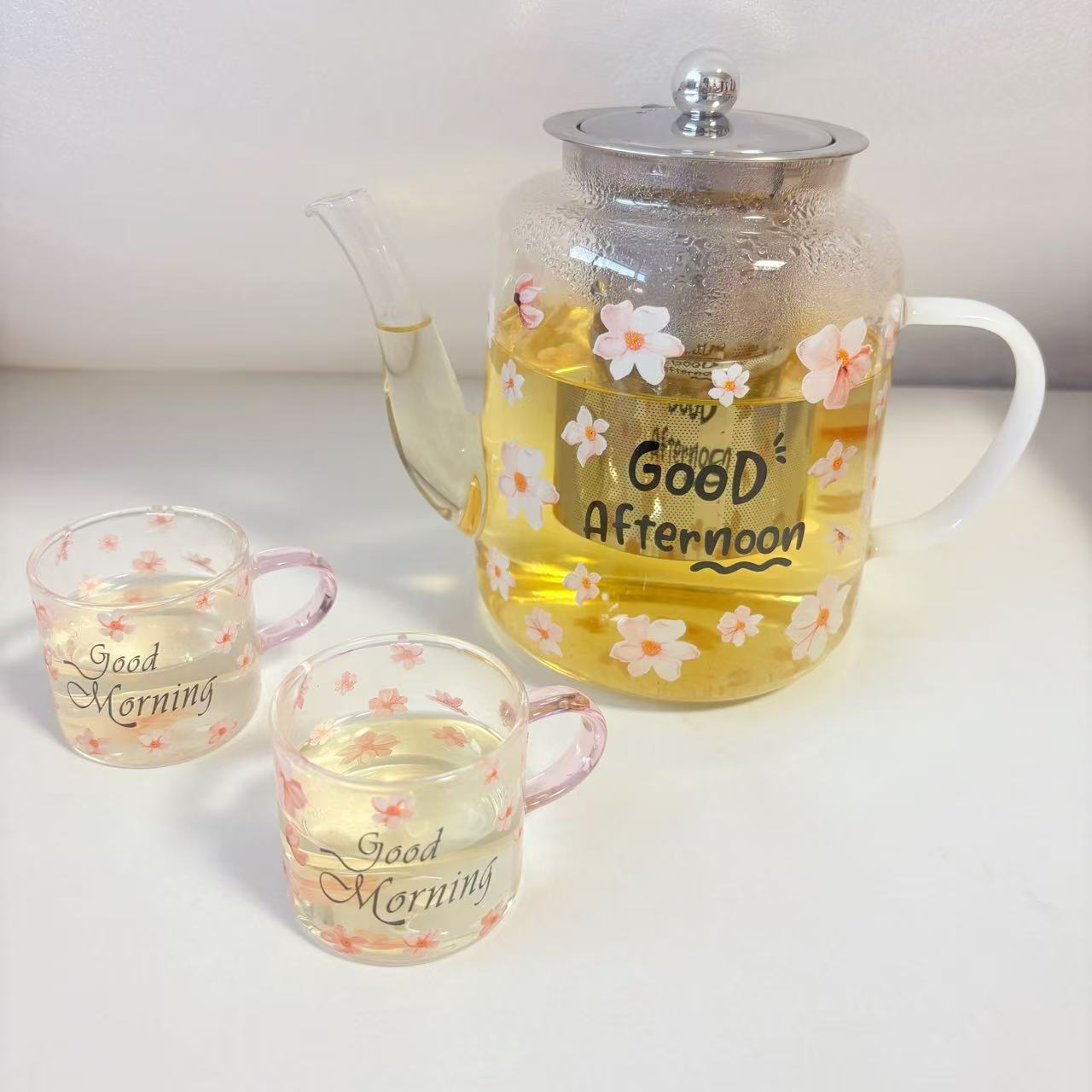 High borosilicate glass printed teapot, high-temperature resistant electric ceramic stove heating decal cup, tea and water separation flower teapot pic 2