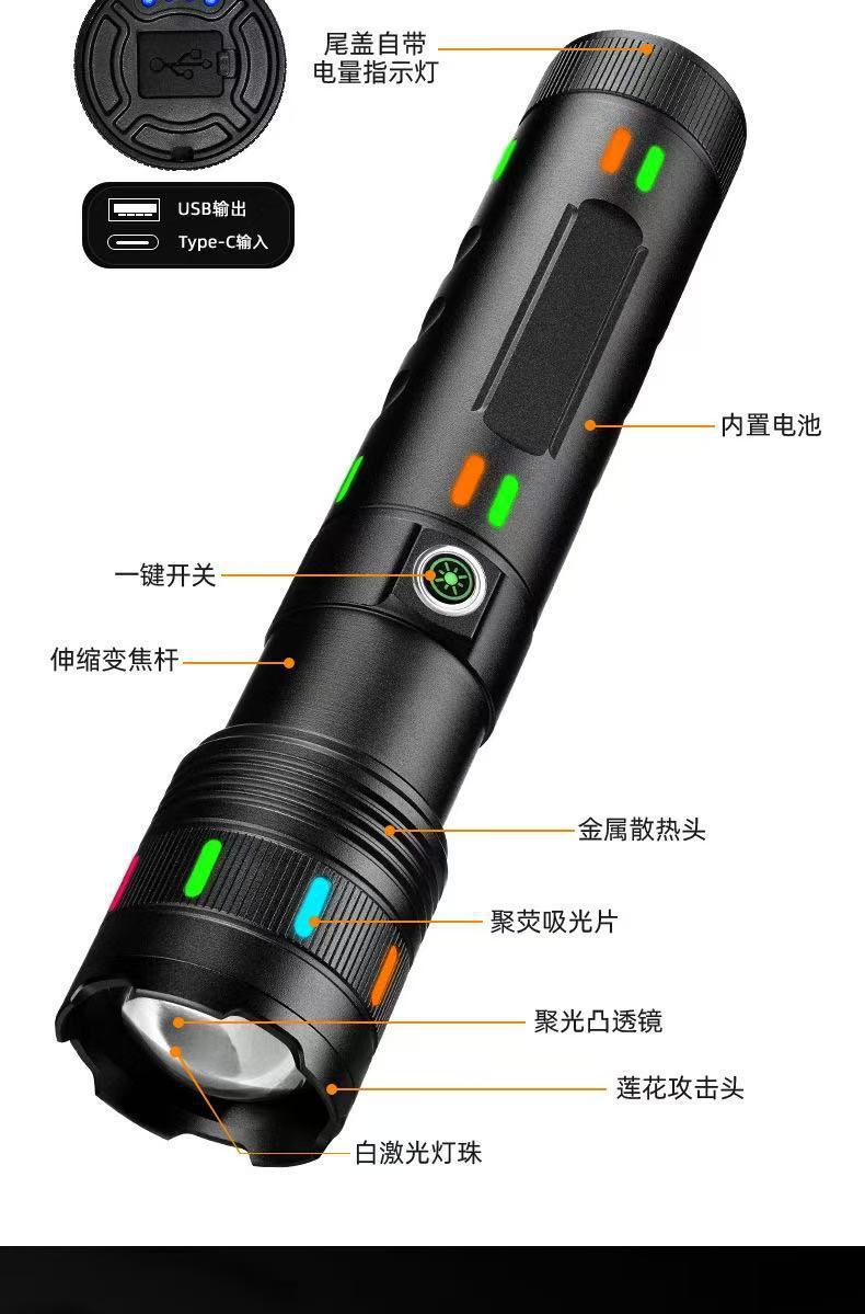 跨境白激光大功率强光手电筒户外多功能铝合金荧光手电Type-c充电详情7