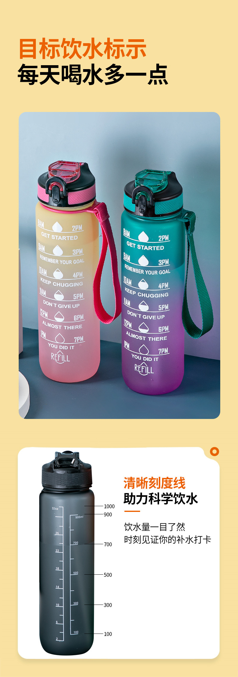 学生爆款塑料水杯高颜值太空杯渐变大容量水杯吸管杯大肚子刻度杯详情13