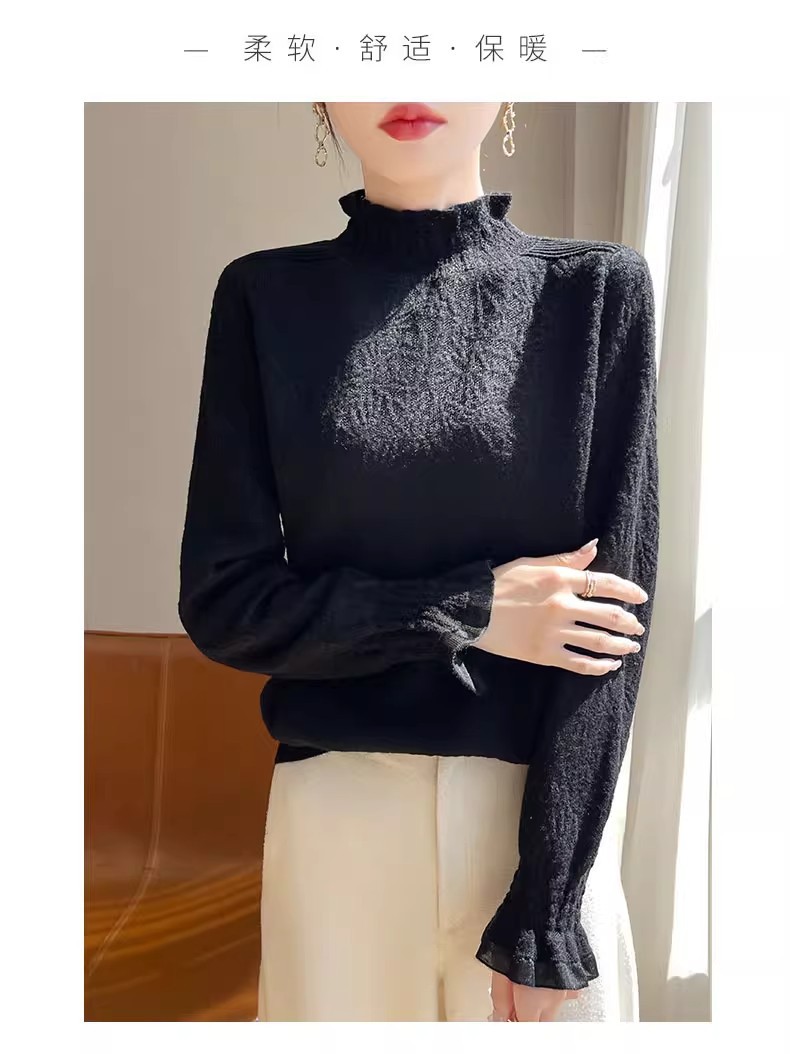 The 2025 autumn/winter new style lace and black ear-trimmed semi-high neck base layer for women is super stylish. Pair it with an A9325 sweater pic 24