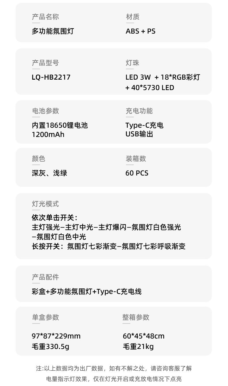 跨境新款露营灯七彩色氛围灯多功能USB充电便携式手提灯手电筒详情3