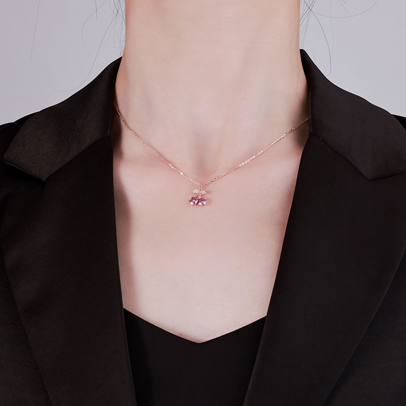 925通体纯银甜美樱桃吊坠玫瑰金粉色莫桑石项链简约百搭夏锁骨链详情12