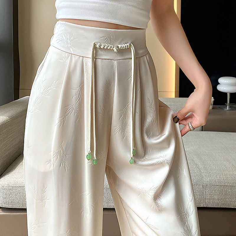New Chinese-style satin jacquard wide-leg pants for women, Spring/Summer 2025 new button-up high-waisted, slimming straight-leg casual trousers pic 16