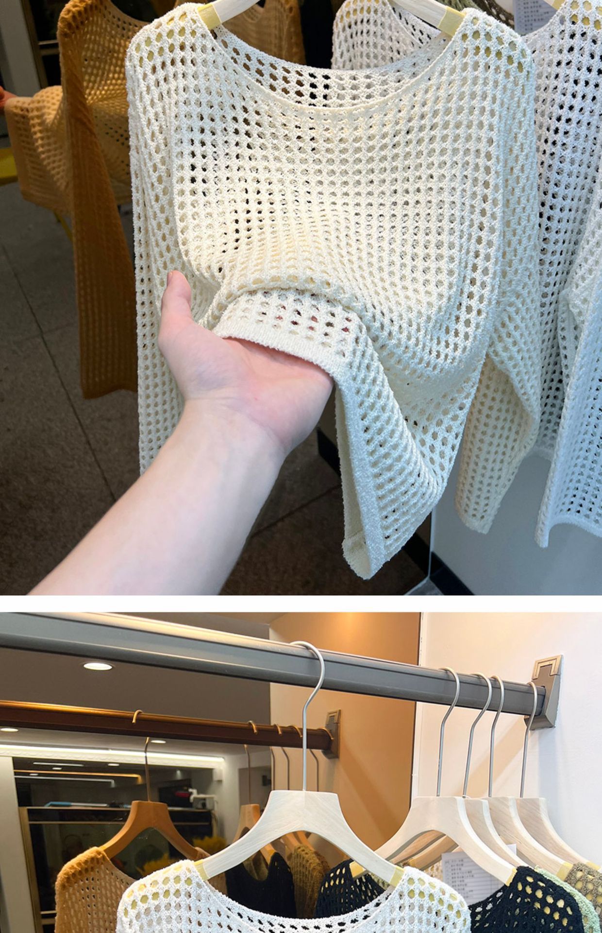 KANING欧货长袖镂空针织网衫女2025夏秋新款网眼罩衫新款上衣网纱详情6