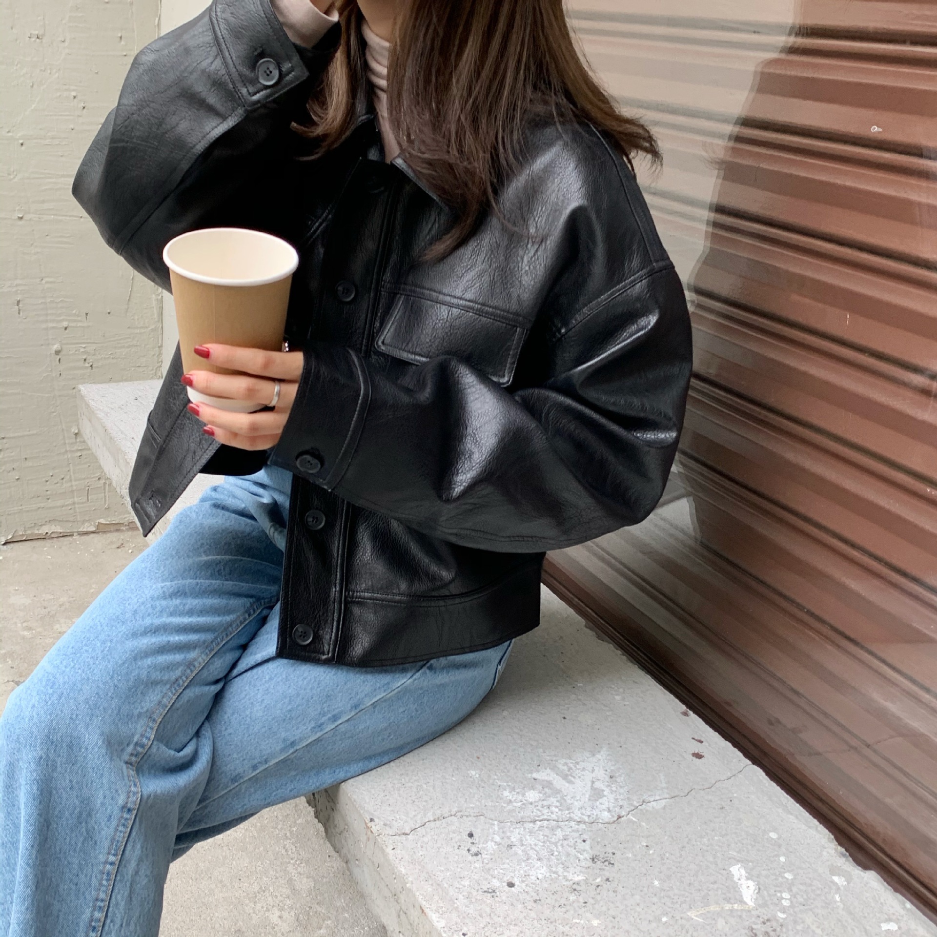 宽松皮衣女2023春秋新款韩版时尚休闲黑色百搭单PU外套短款皮夹克详情5