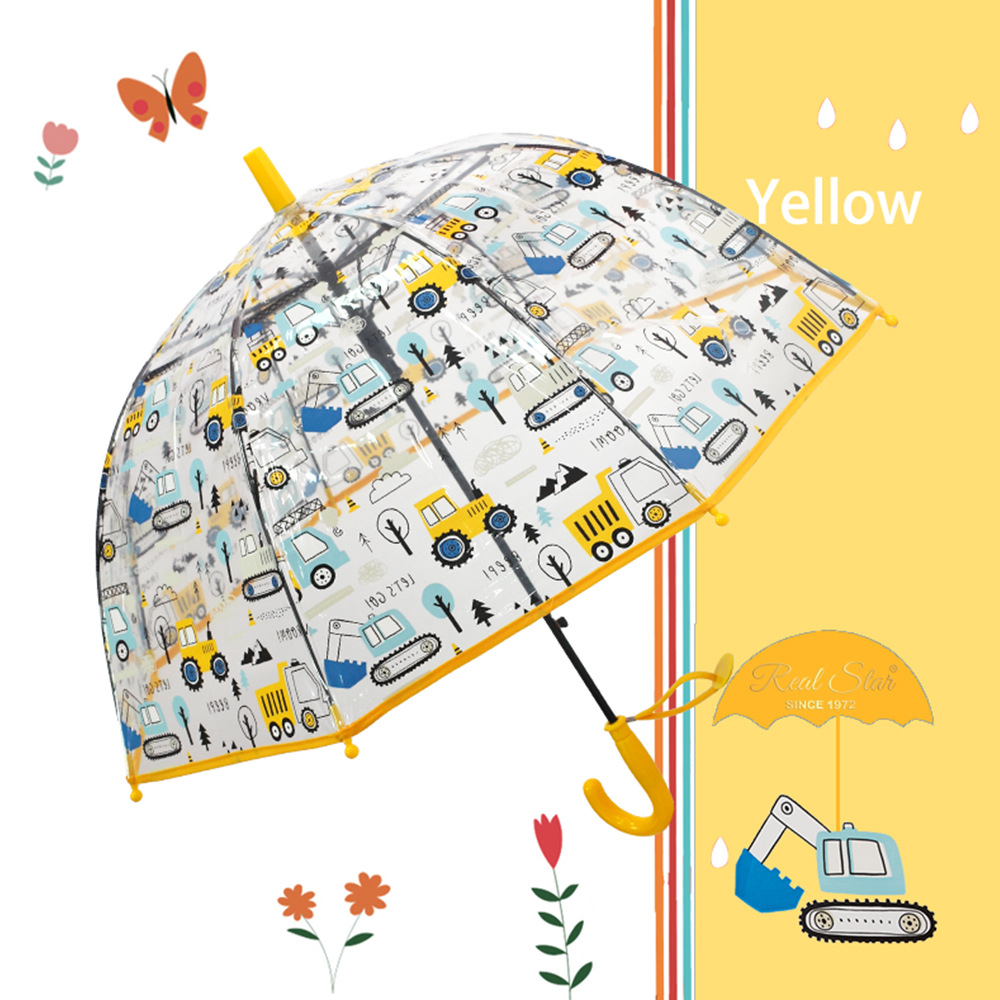 【跨境新品儿童雨伞可爱卡通POE透明伞挖机推土机图案自动伞现货详情15