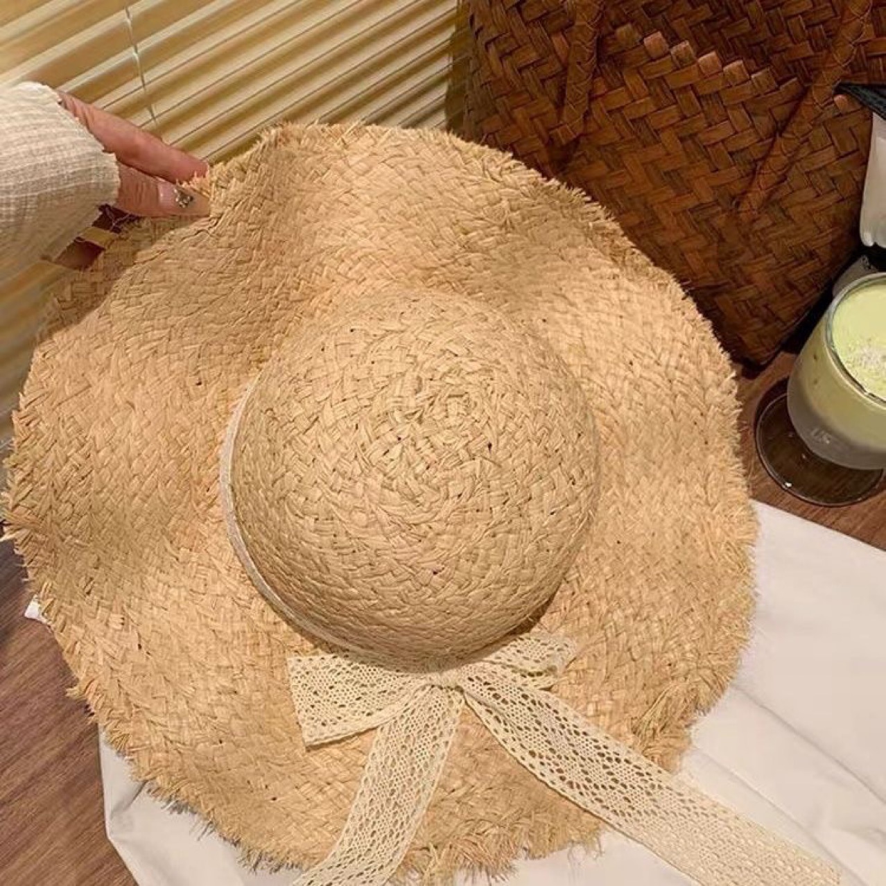 French lace-trimmed bow straw hat, summer seaside vacation beach woven sun hat, sun-protective hat, adult hat pic 5