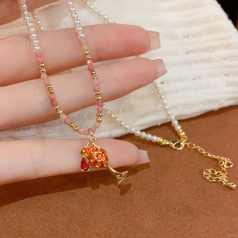 韩版气质时尚温柔百搭玻璃珠满钻酒杯吊坠项链个性小众设计感颈链详情8