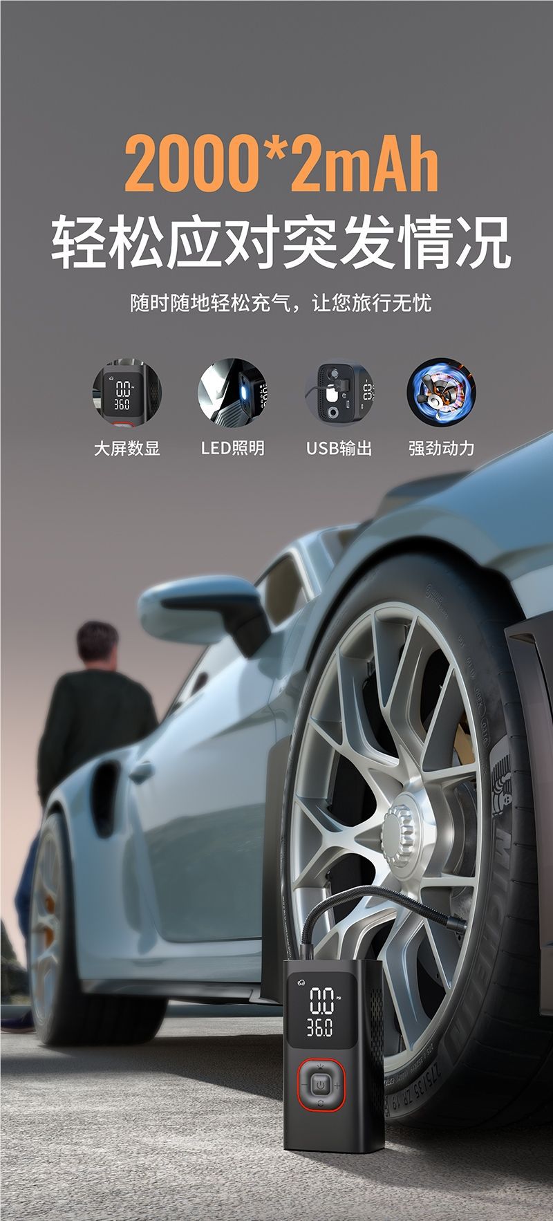新款迷你户外无线便携式打气双屏数显检测胎压带充电宝车载充气泵详情2