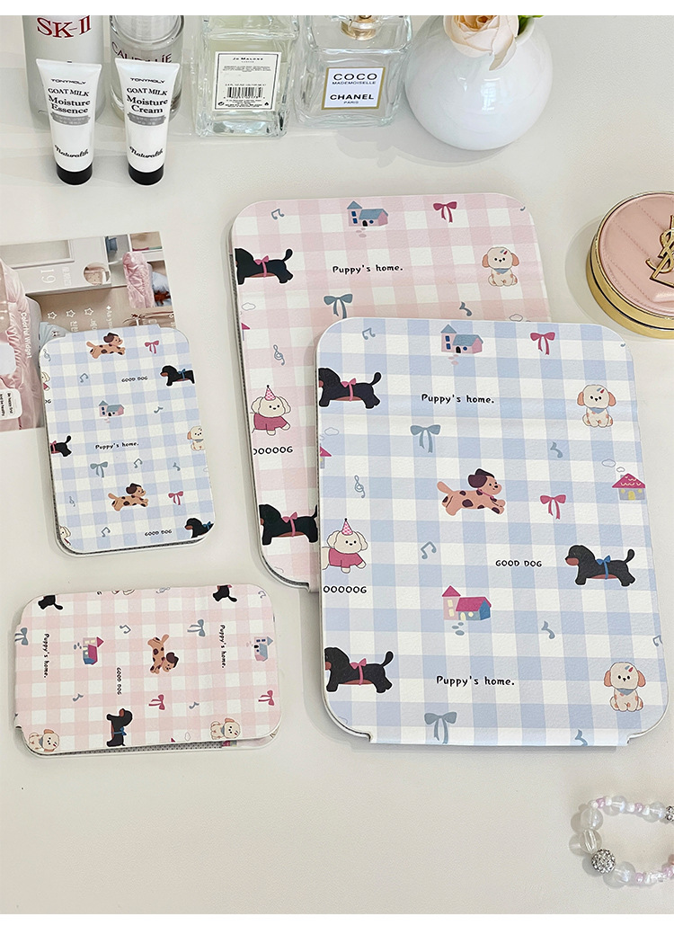 网格小狗蝴蝶结折叠镜高颜值便携学生宿舍台式桌面可立梳妆镜镜子详情9