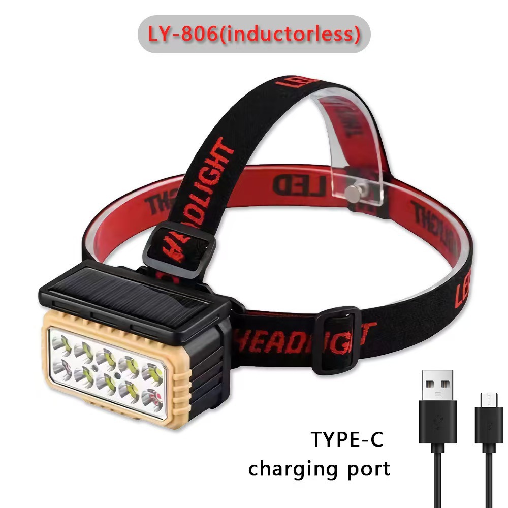 Cross-border solar sensor headlamp type-c charging LED night fishing running headlamp COB red and white light battery level display pic 7