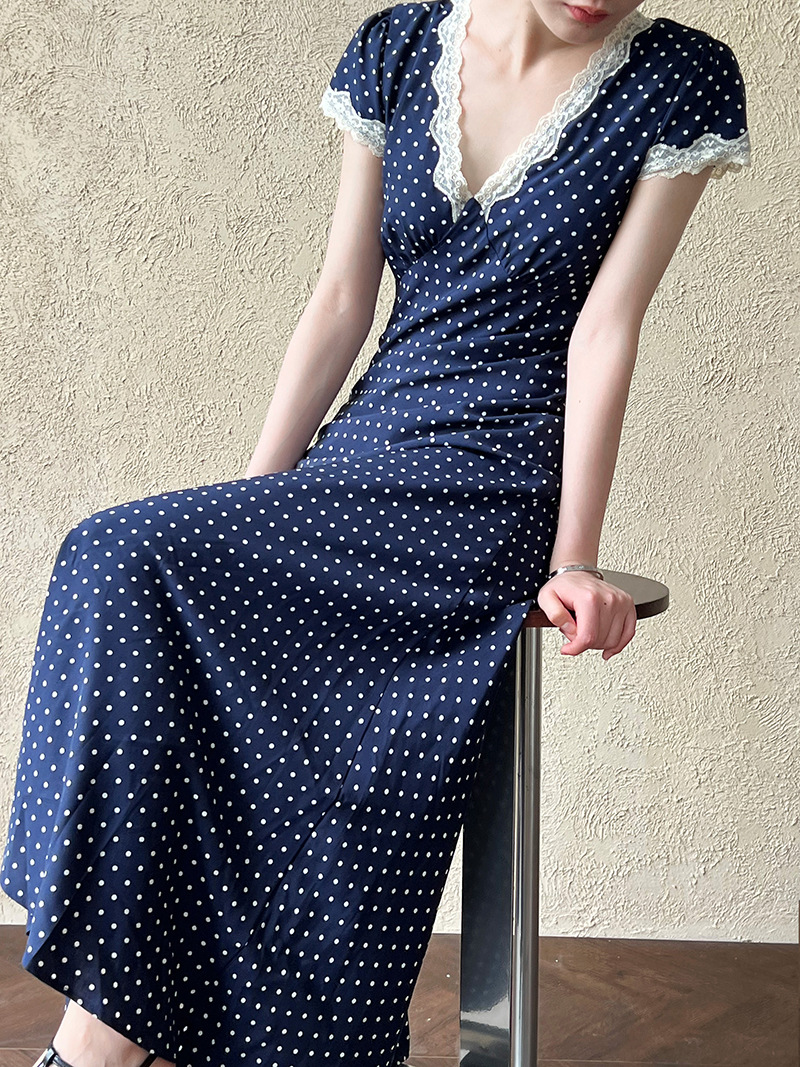 鹿西 法式蕾丝花边拼接连衣裙夏季V领气质波点收腰显瘦长裙子8677详情27