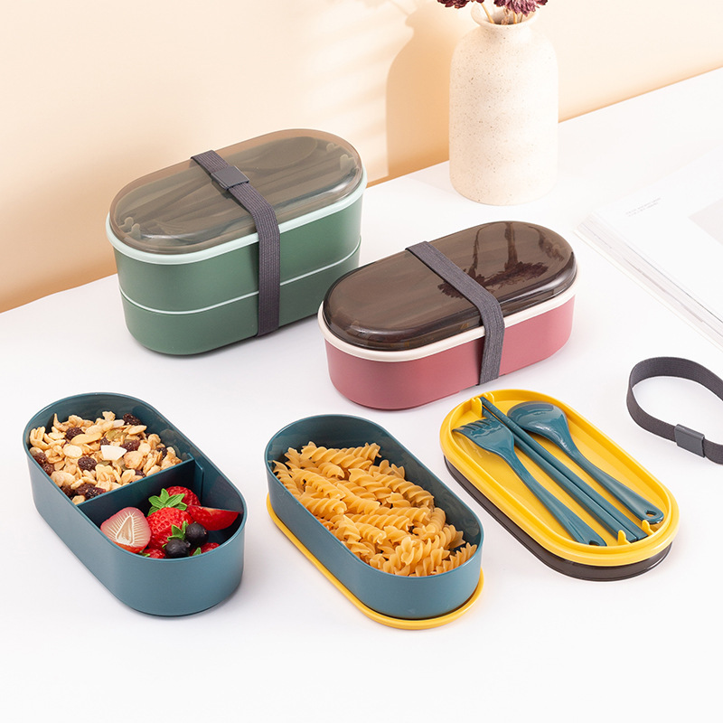 Japanese-style creative double-layer lunch box, primary school student bento box, office worker can heat in a microwave oven, fat-reducing lunch box with compartments pic 1