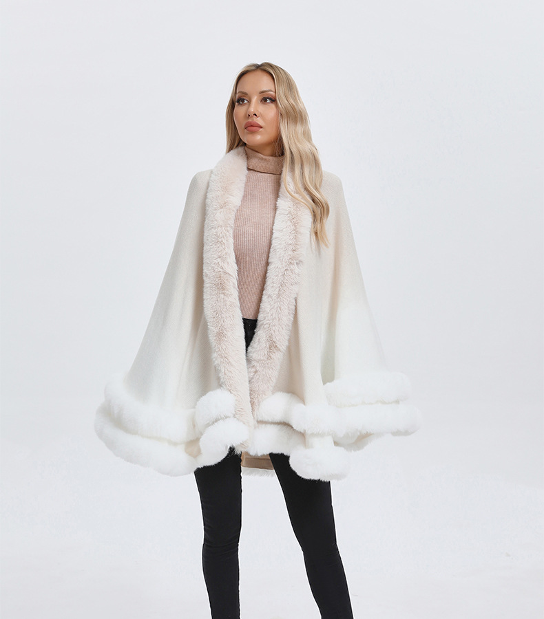 厂家定制 外贸亚马逊双层毛领斗篷披肩仿狐狸毛毛领披风加工开衫详情7