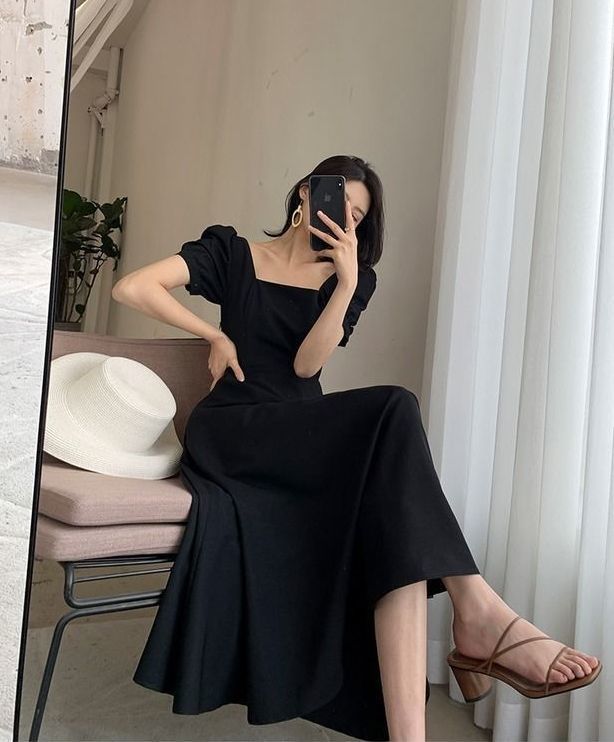连衣裙2024夏新款ins茶歇裙气质一字领过膝长款赫本风胖mm小黑裙详情9