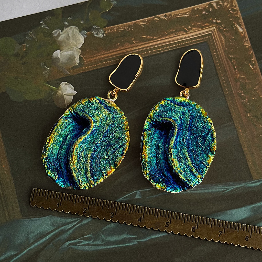 Vintage Light Middle Age [Xisha Islands] Retro blue and gold earrings, high-end vintage exaggerated earrings pic 10