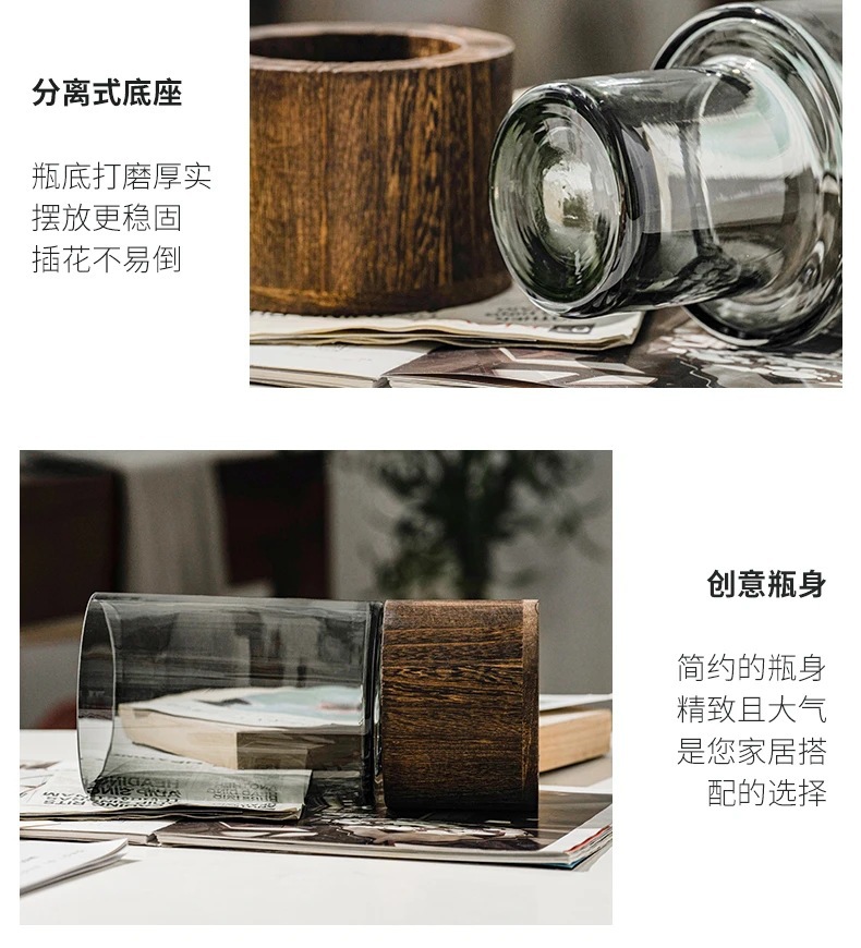 轻奢简约装饰水培花瓶摆件创意玻璃水养鲜花酒店客厅餐桌木托花瓶详情10