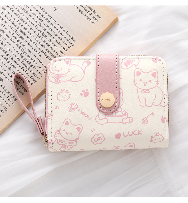 简约可爱小猫日式女士搭扣零钱位手提带女多功能短款钱夹钱包详情11