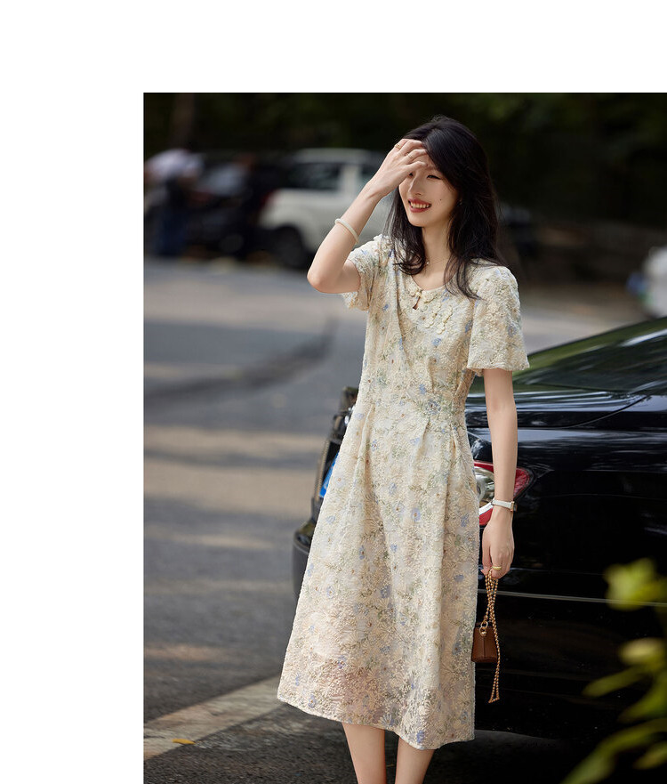 Summer round-neck, waist-cinching, slimming, gentle and elegant dress, French floral short-sleeved dress for women pic 9