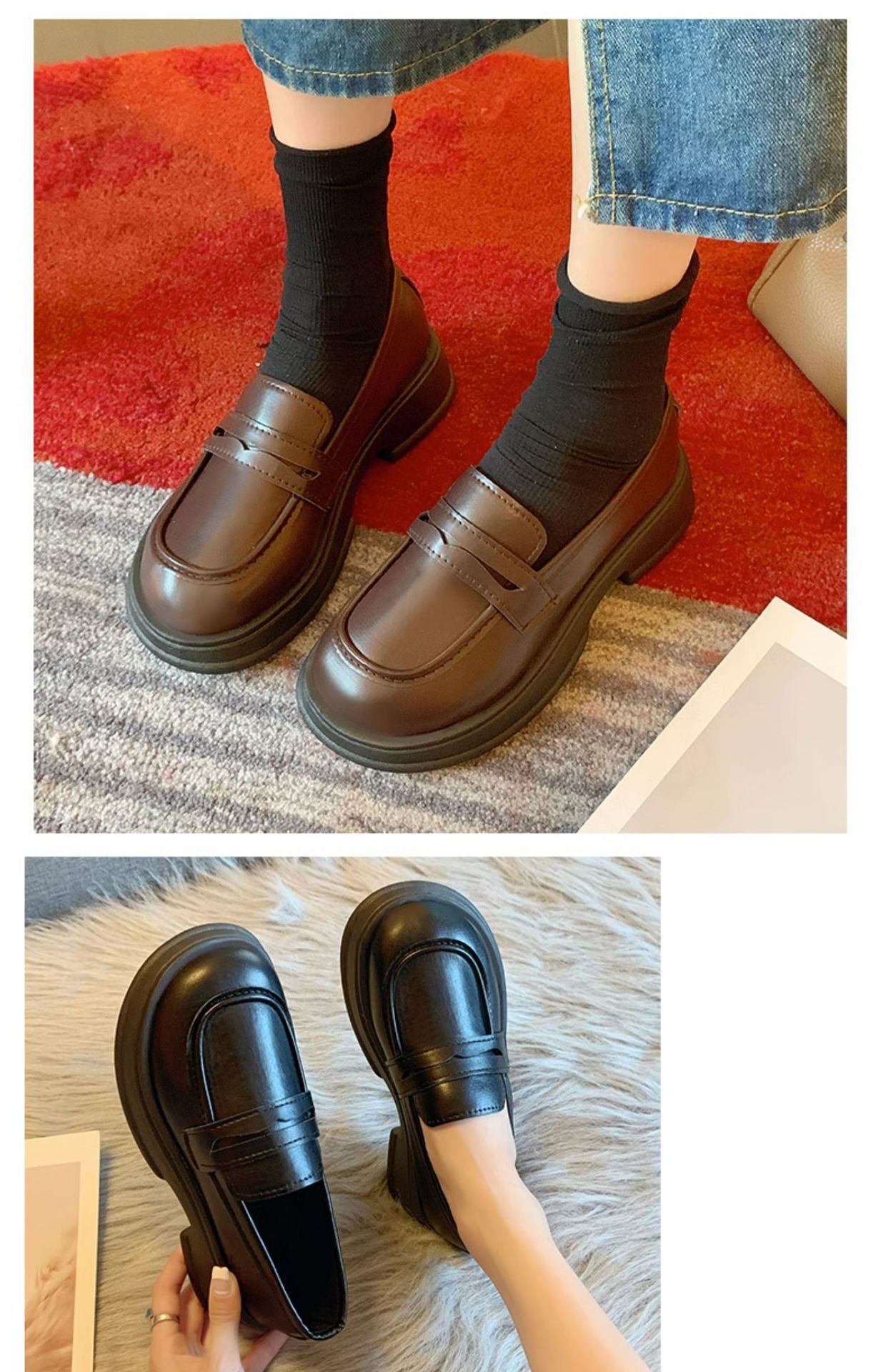 The new 2024 autumn collection of Japanese-style small leather shoes for women features a black thick-soled loafer with a British style, paired with a single jk uniform shoe pic 15