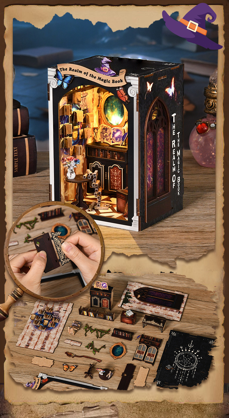 跨境新品魔法书之境diy复古小屋书立手工拼装微缩模型3D拼图礼物详情2