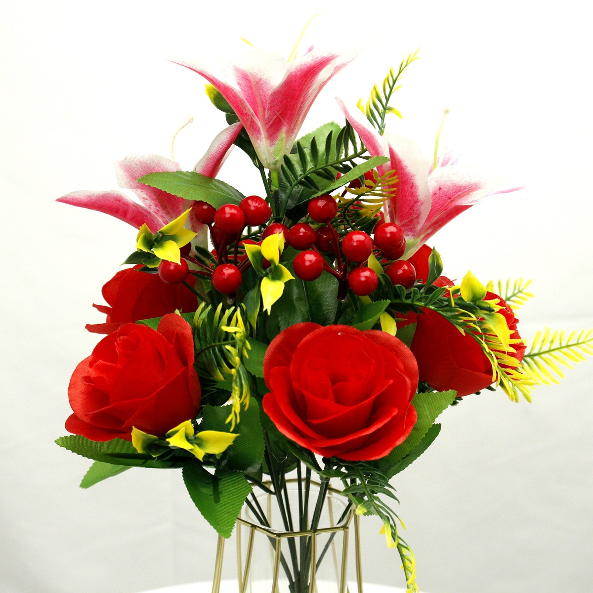 跨境仿真玫瑰花婚庆百合发财果冬青果12头仙桃玫仿真绢花家居花艺详情1