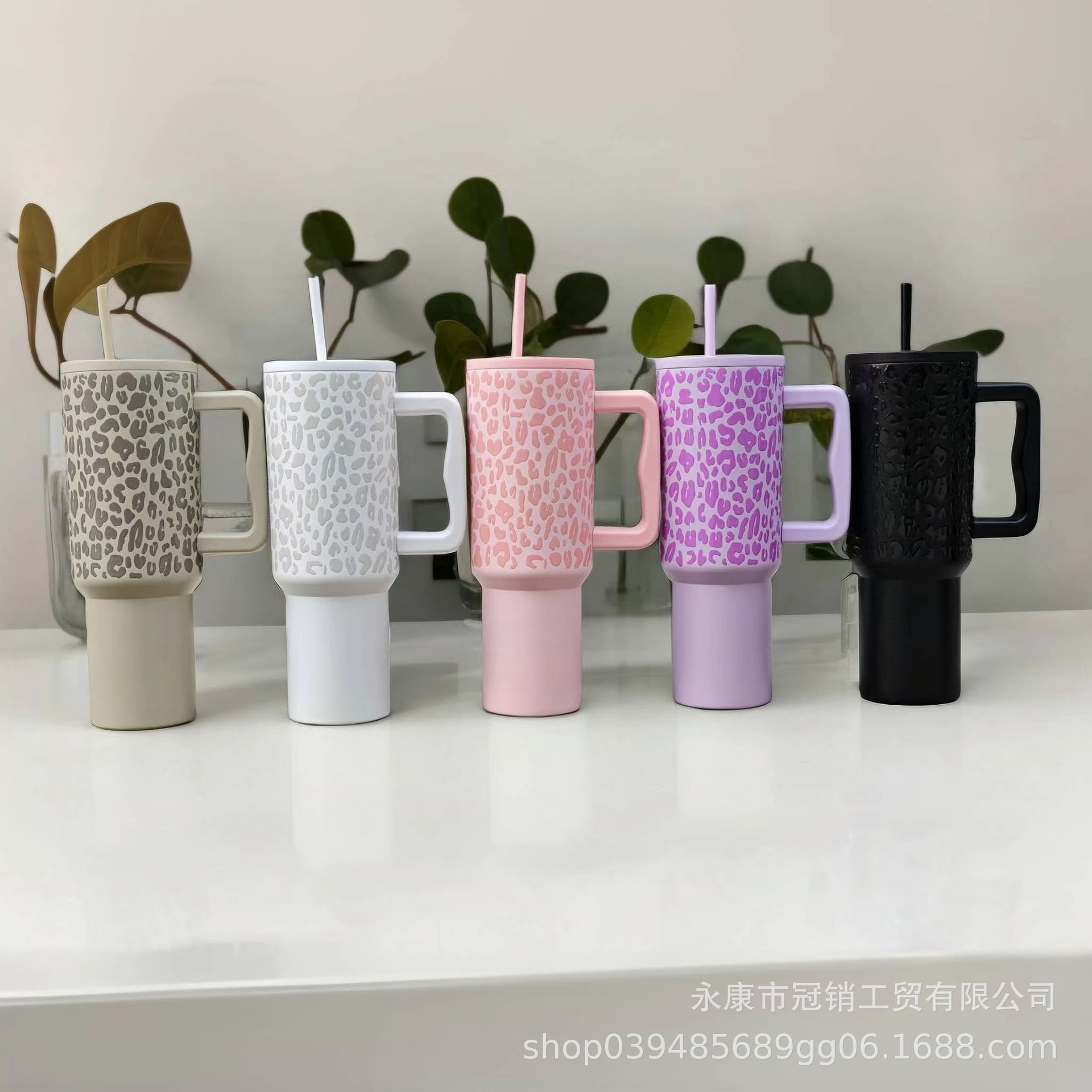 跨境304不锈钢豹纹40oz冰霸杯带手柄吸管高颜值车载大容量保温杯详情2