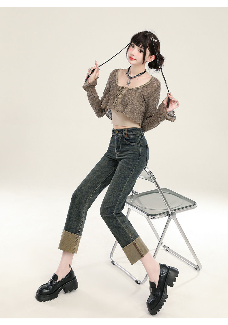 水泥灰卷边烟管牛仔裤女夏季2024新款高腰小个子九分法棍直筒裤子详情17