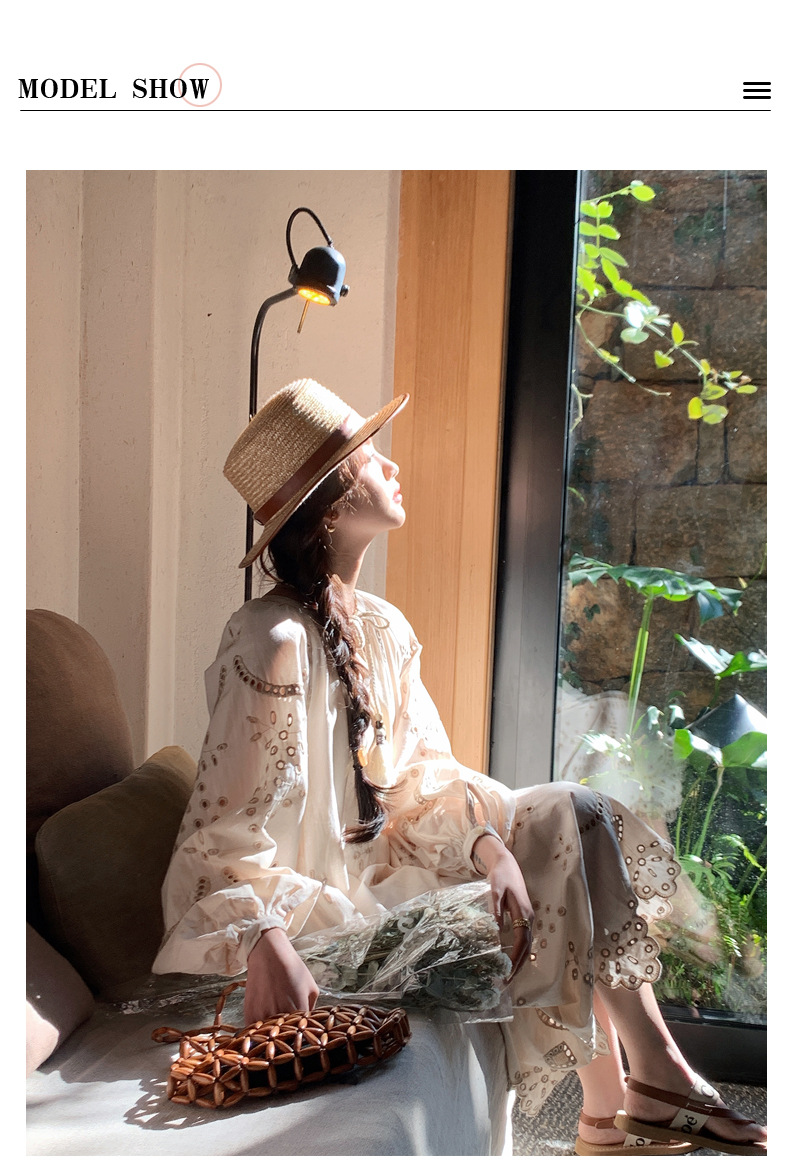 Real photo of a retro, gentle, cut-out embroidered V-neck apricot-colored dress, 2025 new seaside vacation style long-sleeved umbrella dress pic 5