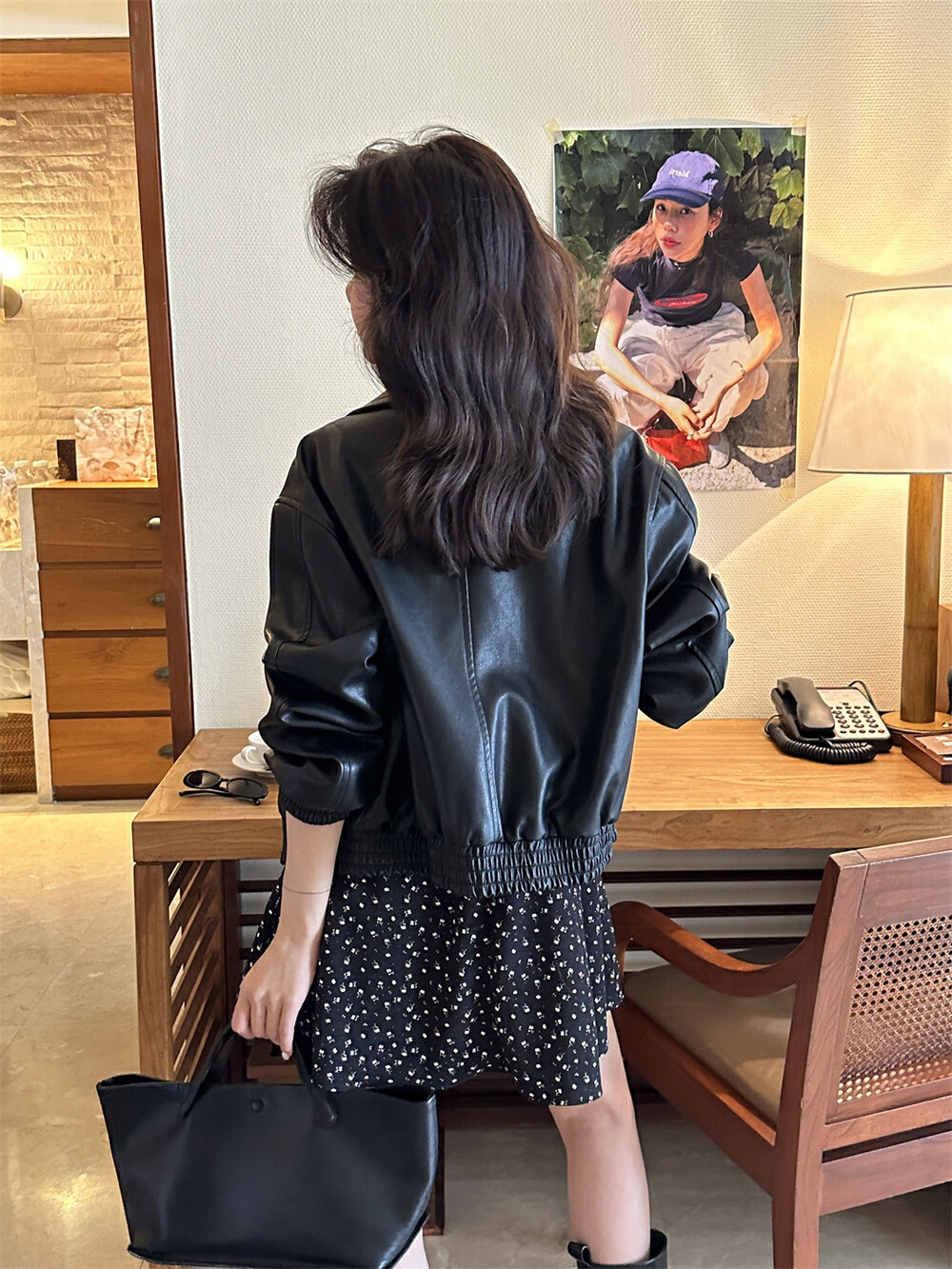 THE LIMON柠檬绿茶韩版复古翻领拉链黑色PU皮衣女高级感短外套春详情10