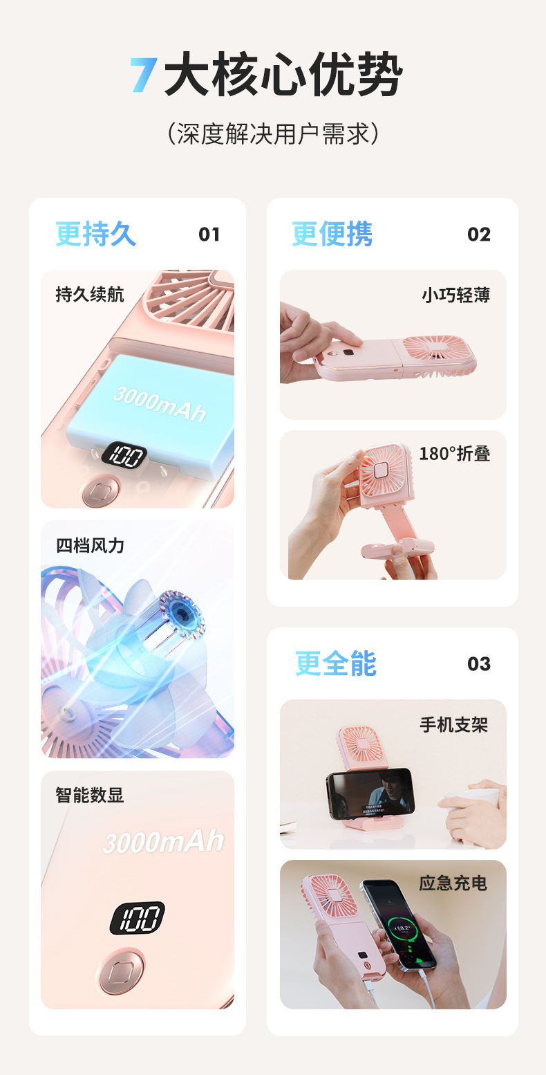 挂脖数显充电小风扇折叠迷你手机支架桌面风扇夏季户外小风扇批发详情3