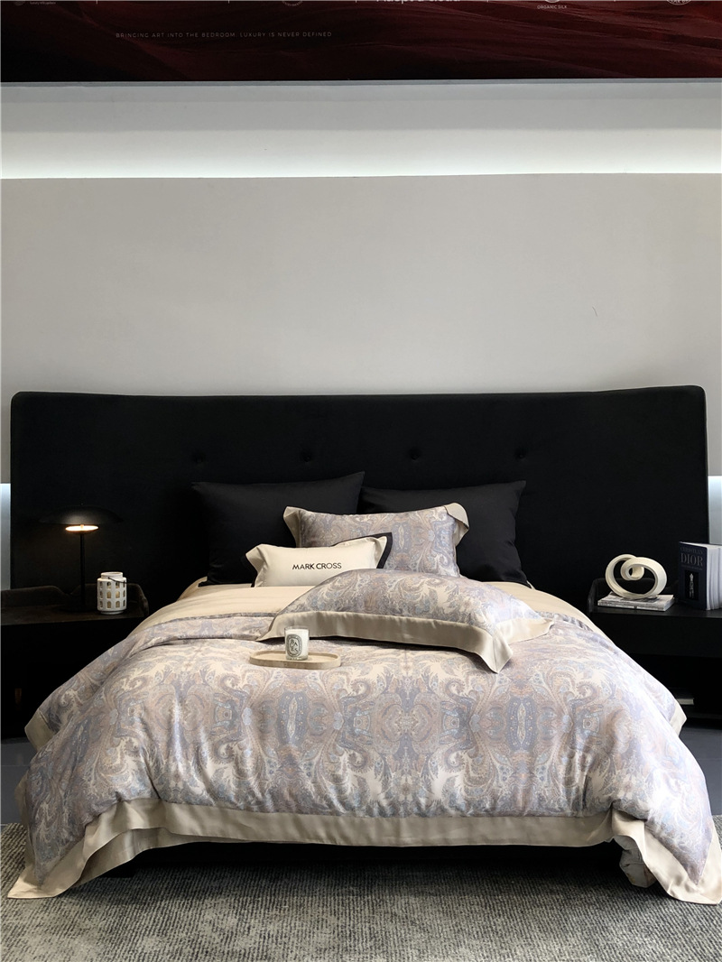 Cool ultra-fine denier Tencel summer light and cool condensation filament four-piece set, elegant printed sweat-absorbing nude bedding pic 24