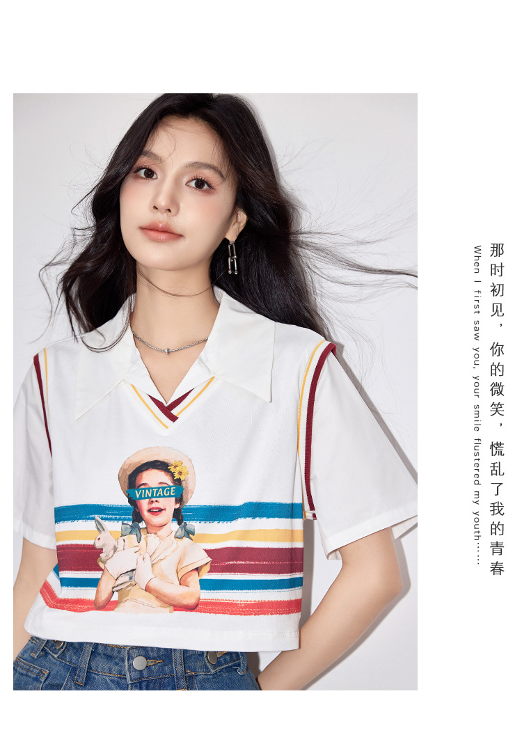 G9068假两件衬衫女装2024夏女孩印花彩绘韩版设计感别致短袖上衣详情9