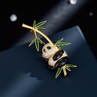 Cute and adorable bestseller Panda Holding bamboo brooch, copper micro-inlaid zircon enamel oil drip high-end fashion pin brooch pic 1