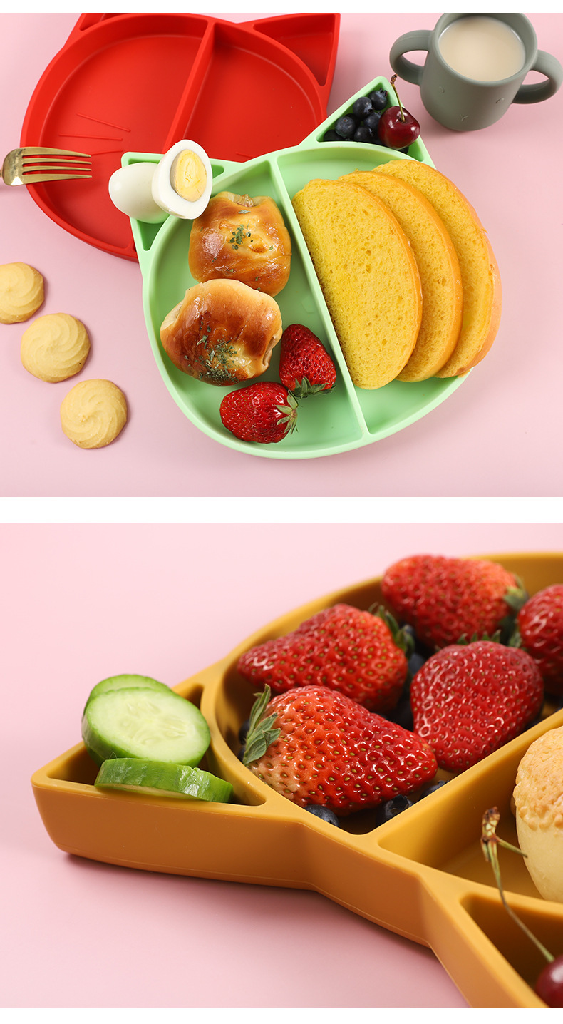 跨境创意小猫硅胶分格餐盘防摔防滑食品级硅胶儿童喂养餐具批发详情5