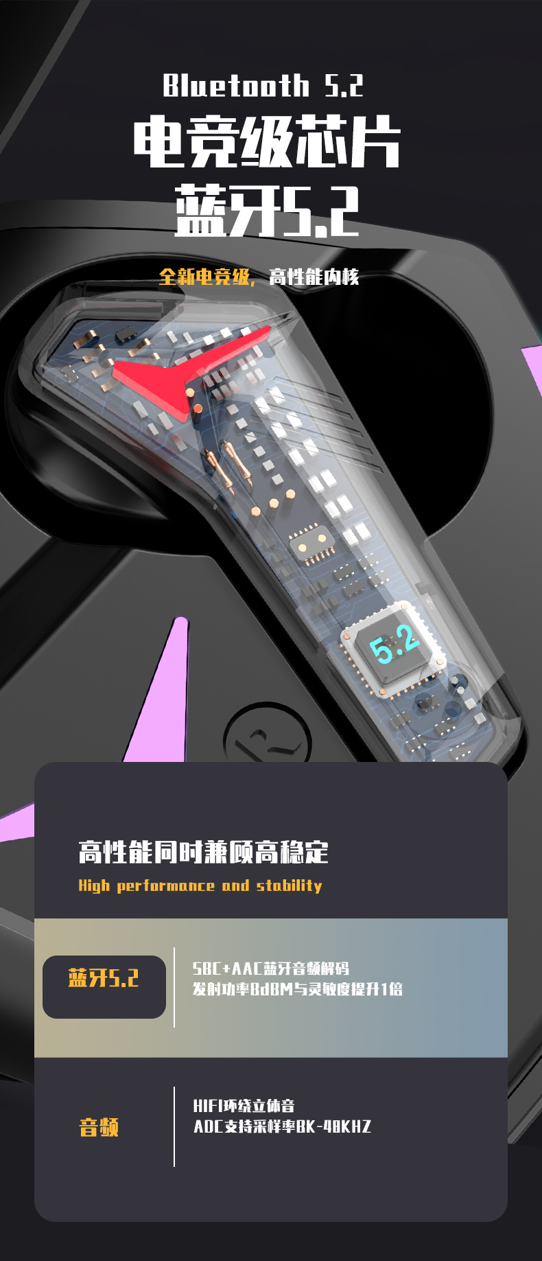 The T33 N35 wireless gaming Bluetooth headphones feature a dual-ear neon design, dual-mode touch control, and an ultra-long battery life for gaming pic 9