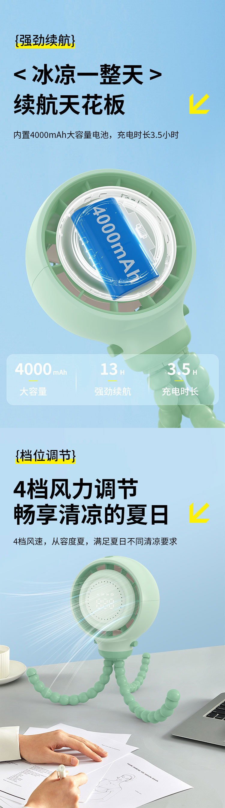 定制婴儿车八爪鱼风扇 便携式usb充电小风扇静音儿童推车无叶风扇详情6
