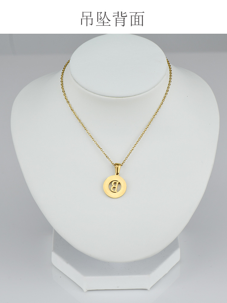 Cross-border 18K gold shell round stainless steel letter necklace, fashionable European and American titanium steel ring 26-letter pendant for women pic 15