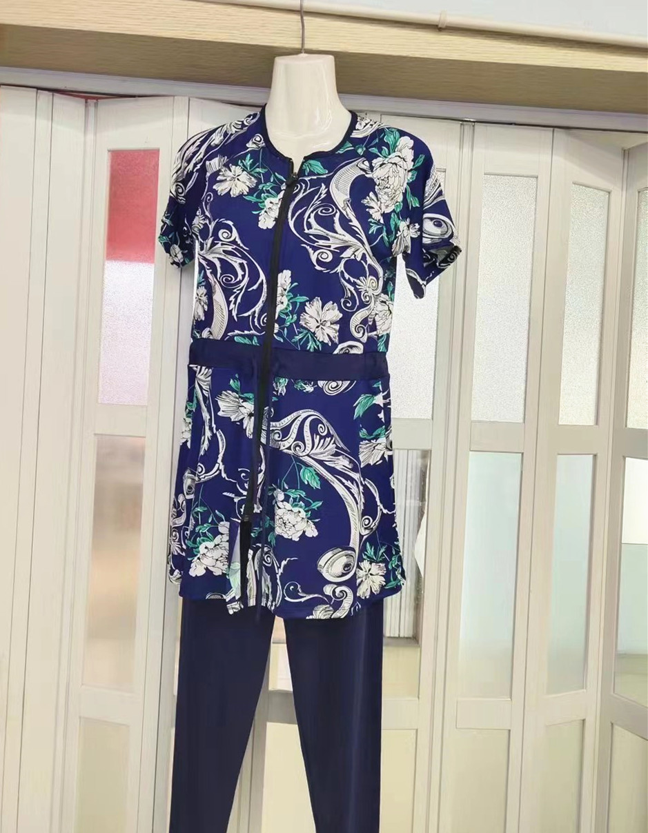 中老年保守游泳衣女短袖拉链妈妈泳衣分体两件套遮肚显瘦大码泳装详情6
