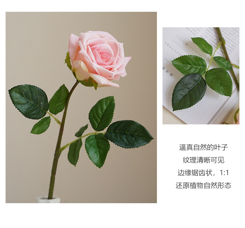 Single moisturizing rose artificial flower, Nordic simulation flower, living room dining table, TV cabinet decoration, hand feel moisturizing rose pic 24