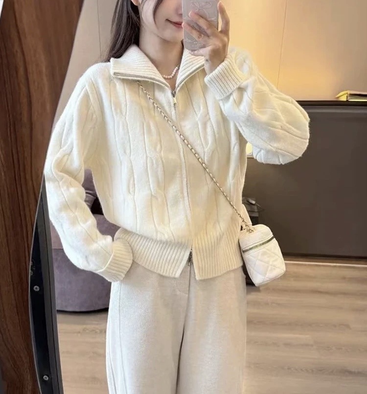 Solid-color casual double-zipper twisted knit cardigan coat, fashionable and versatile, new autumn and winter style sweater top for women pic 12