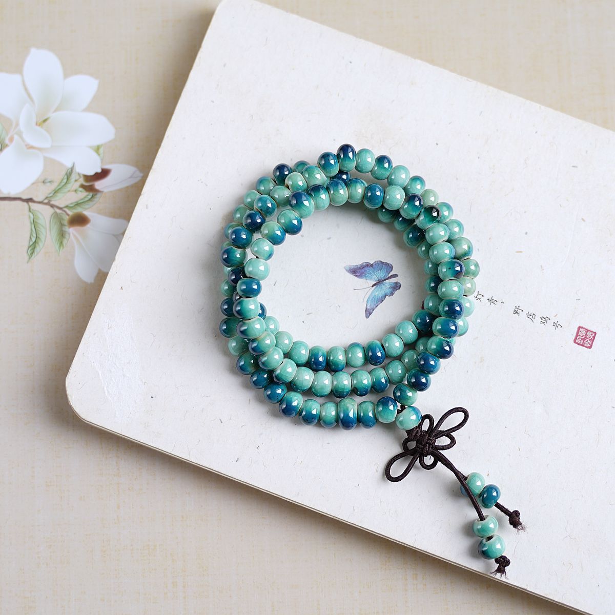 New Chinese-style playing three-circle stacked 108-bead Jingdezhen ceramic bracelet jewelry for women wholesale, ethnic style bracelet for women pic 2