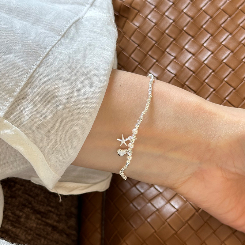 925纯银海星贝壳珍珠碎银子手链女手工弹力绳款设计百搭手环B3256详情3