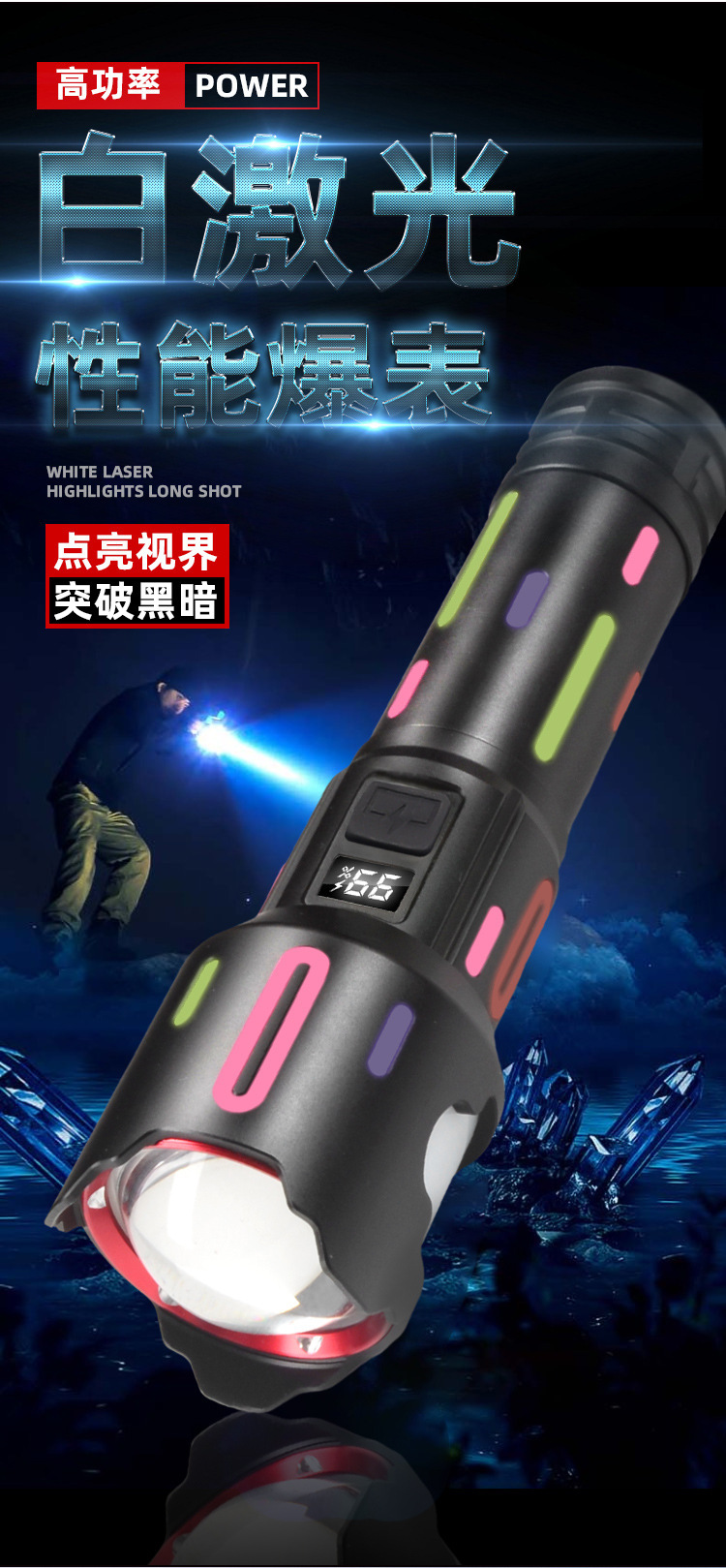 跨境强光远射手电筒超亮户外白激光多功能数显灯变焦大功率露营灯详情2