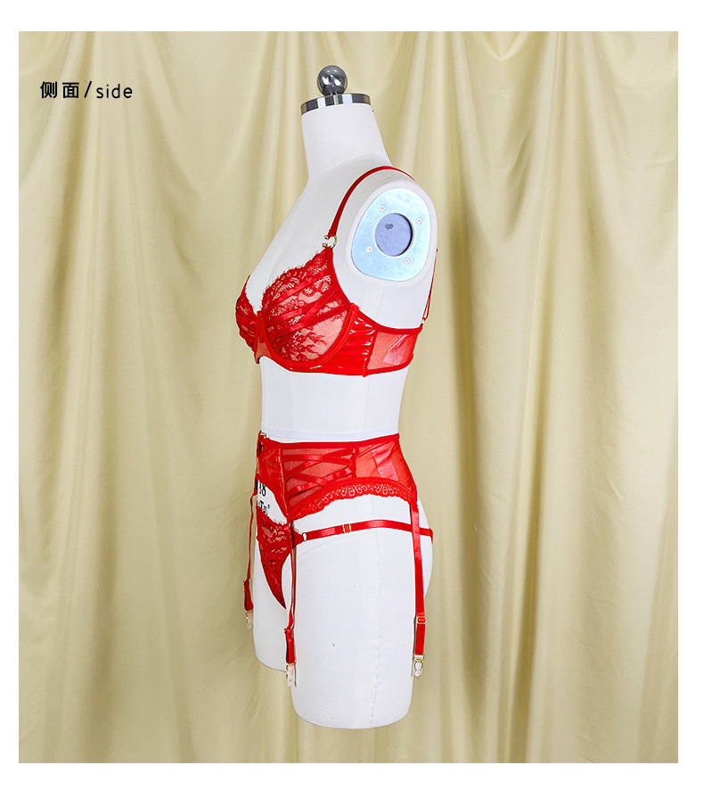 Red lace patchwork underwear three-piece set, memory soft steel ring sexy bra, underpants and garter set JR069 pic 15