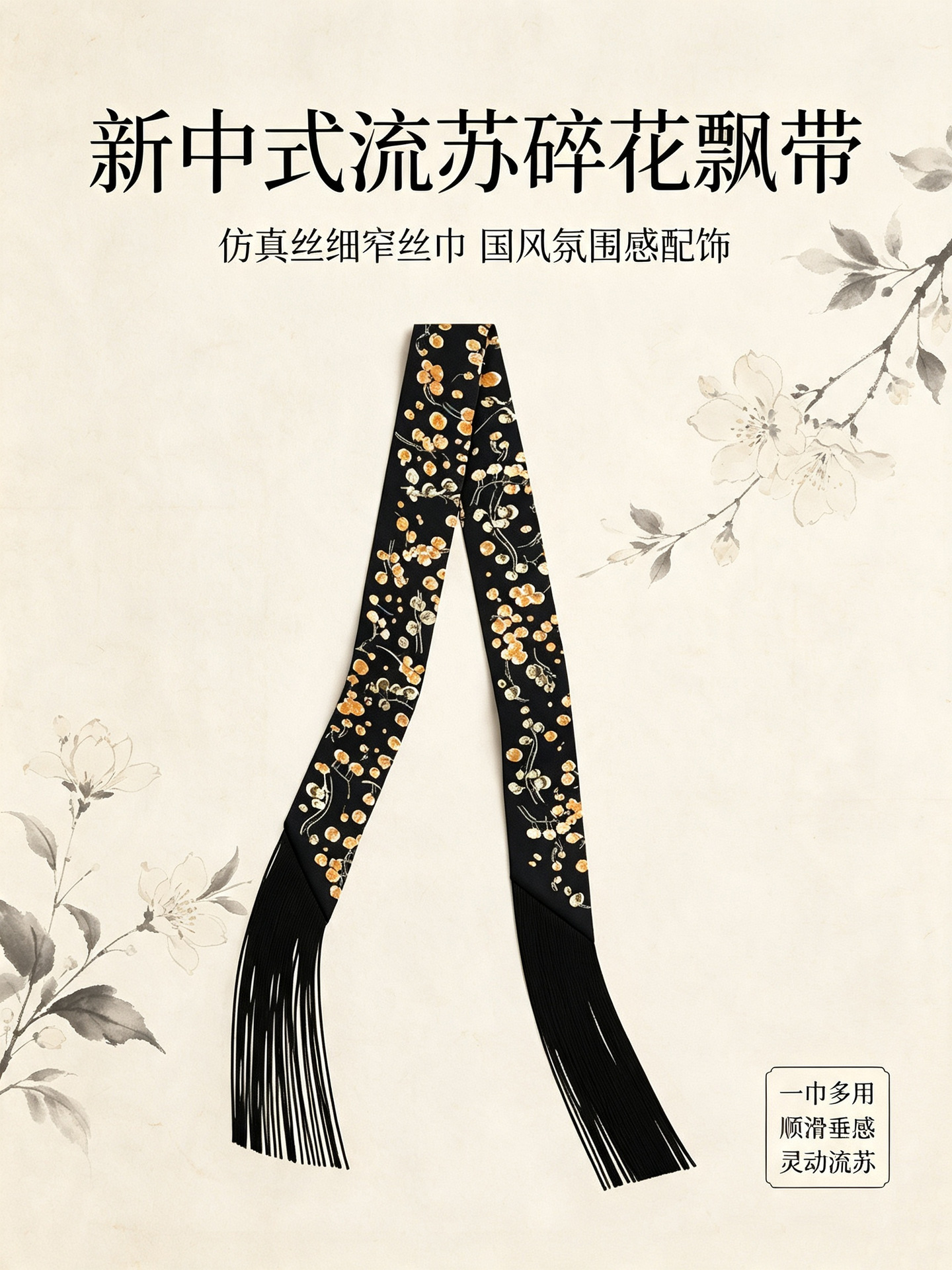 夏季民族风手工披肩女长款垂感黑色流苏飘带金色米色圆点枝叶图案夏日披风详情6