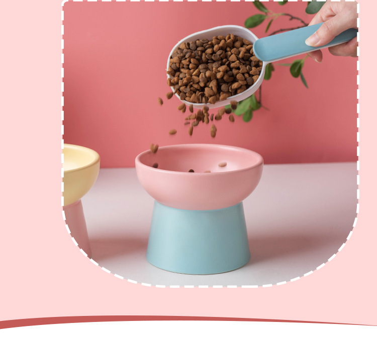 Wholesale of color-blocking ceramic cat bowls with high legs to protect the cervical vertebrae, cat food bowls, cat and dog basins, drinking bowls, and pet snack bowls pic 3