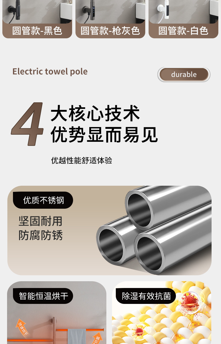 不锈钢智能电热毛巾架可旋转卫生间免打孔烘干加热浴室跨境亚马逊详情5