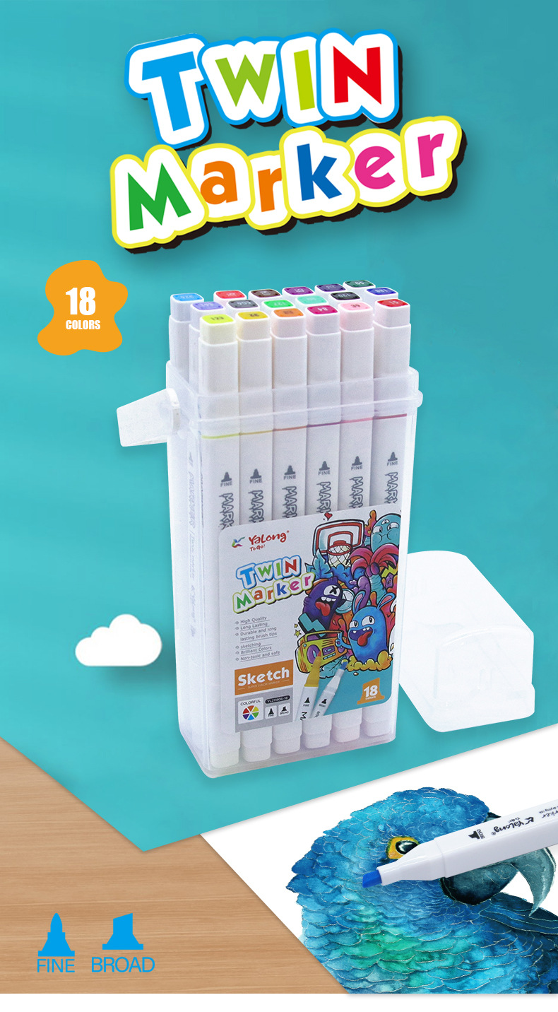 Yalong Cross-border high-quality student art Supplies: 18 color-marked double-brush pointed marker pens Marcadores pic 1